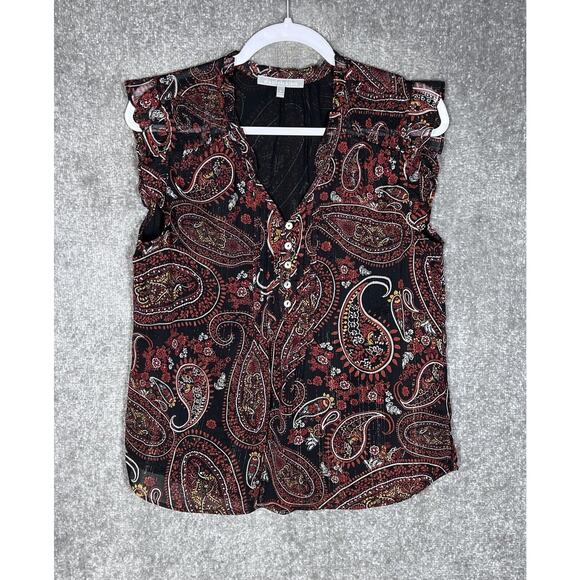 Daniel Rainn Top Womens Size Medium Black Red Paisley Sleeveless Ruffle Pintucks - Picture 1 of 7